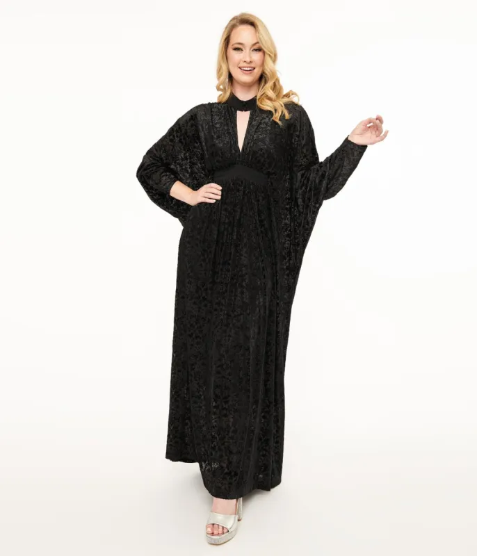 Unique Vintage 1970s Black Floral Burnout Mesh High Neck Caftan sold by Unique Vintage