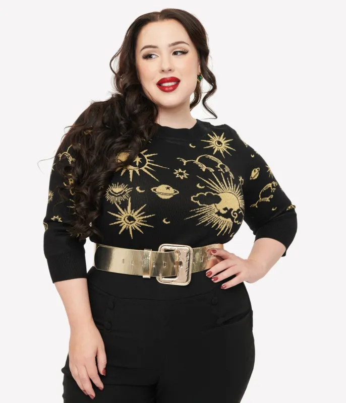 Unique Vintage Plus Size 1950s Black & Gold Celestial Minou Sweater sold by Unique Vintage