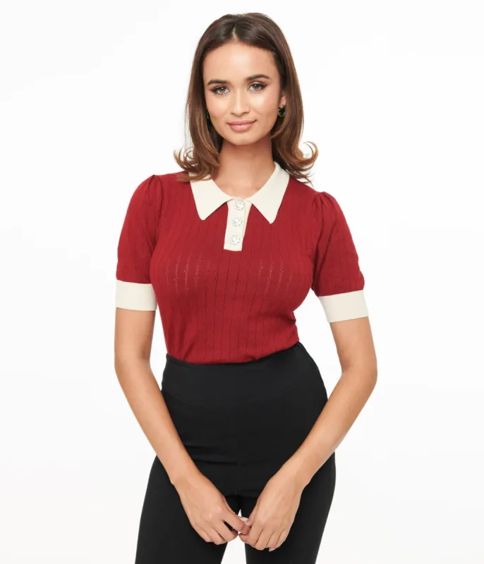 Unique Vintage 1950s Burgundy & Rhinestone Buttons Prim & Pretty Sweater sold by Unique Vintage