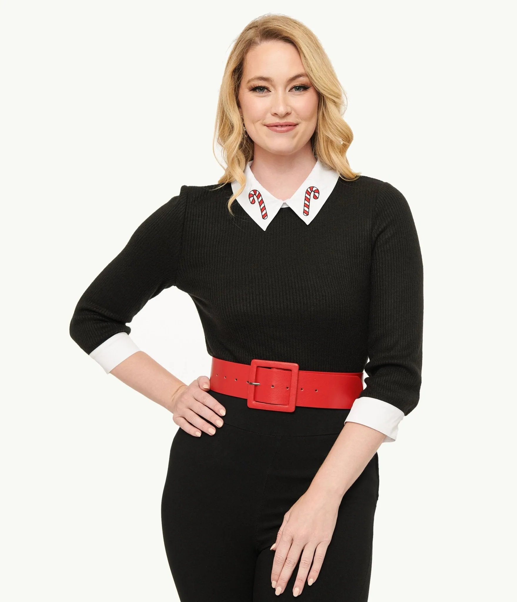 Unique Vintage Black & White Candy Cane Print Contrast Sabrina Sweater sold by Unique Vintage