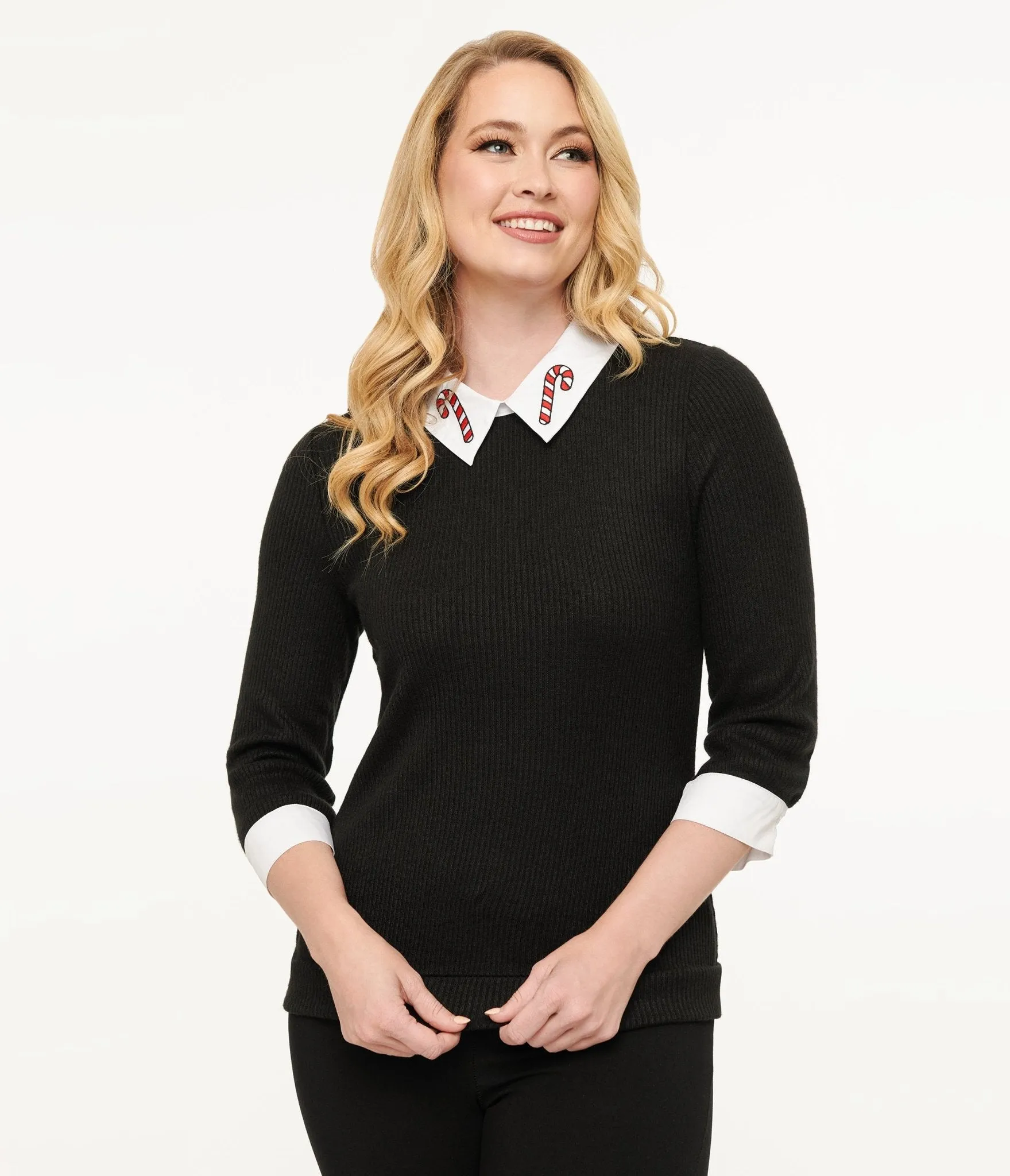 Unique Vintage Black & White Candy Cane Print Contrast Sabrina Sweater sold by Unique Vintage product image thumbnail 3