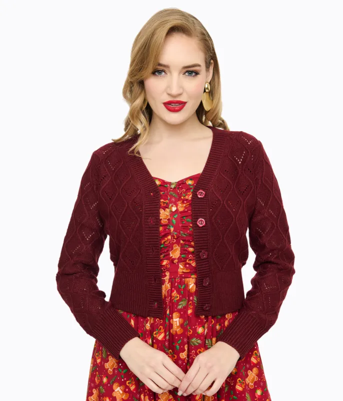 Voodoo Vixen Burgundy Flower Button Cardigan sold by Unique Vintage