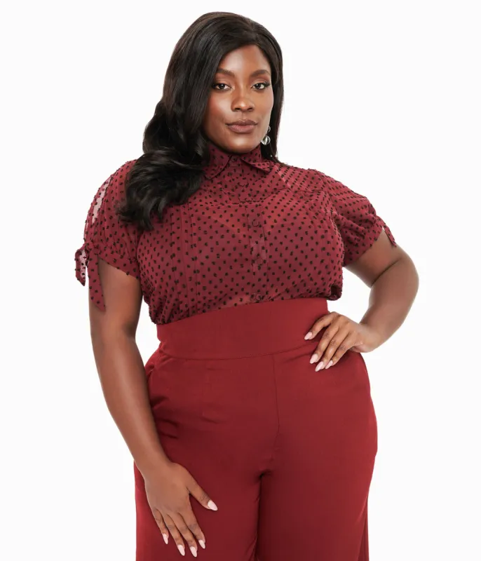 Unique Vintage Plus Size 1950s Burgundy & Black Clip Dot Tie Cuff Blouse sold by Unique Vintage