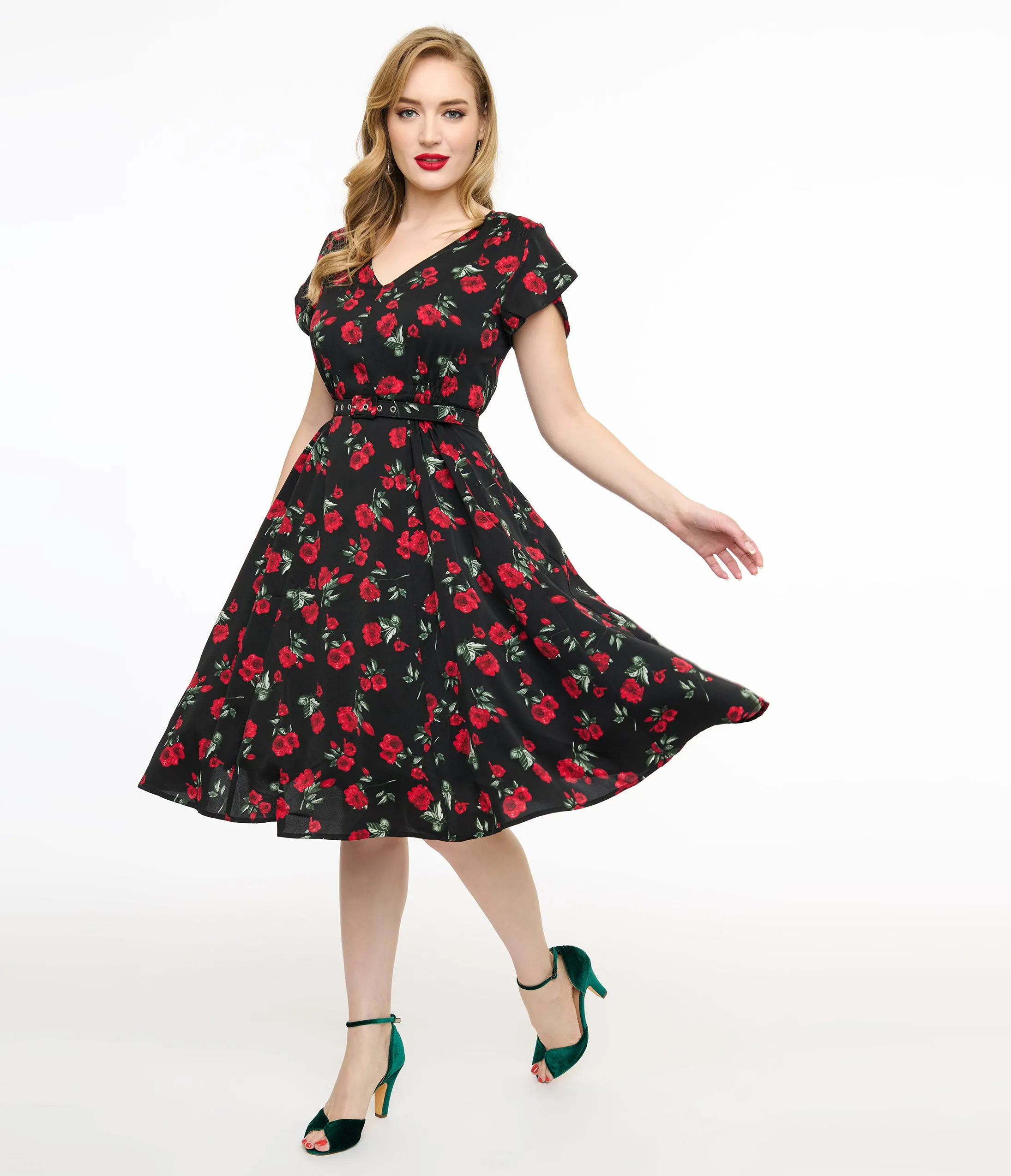 Unique Vintage 1940s Black & Red Floral Print Tulip Sleeve Swing Dress sold by Unique Vintage