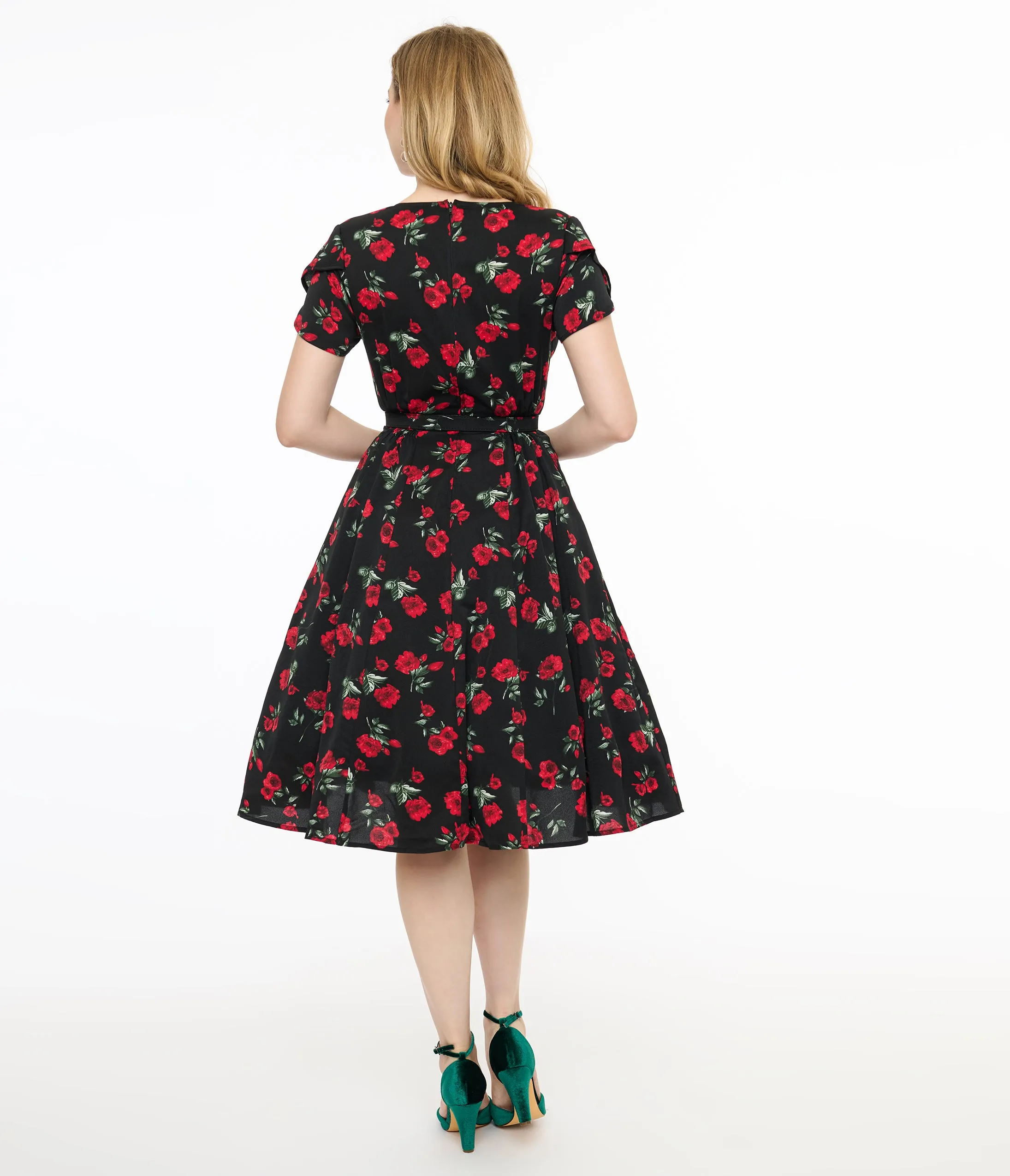 Unique Vintage 1940s Black & Red Floral Print Tulip Sleeve Swing Dress sold by Unique Vintage product image thumbnail 2