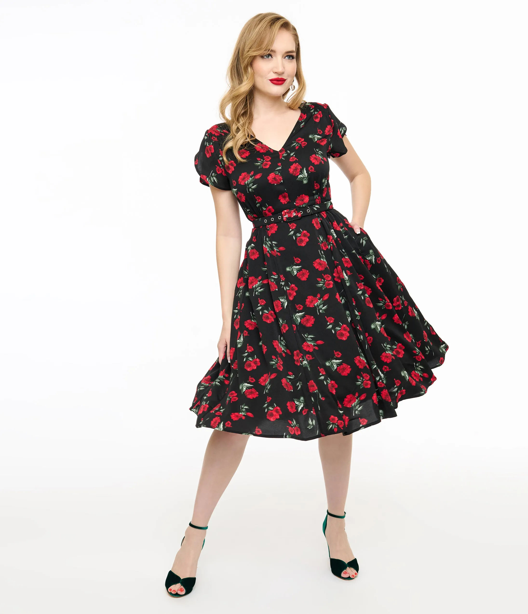 Unique Vintage 1940s Black & Red Floral Print Tulip Sleeve Swing Dress sold by Unique Vintage product image thumbnail 3