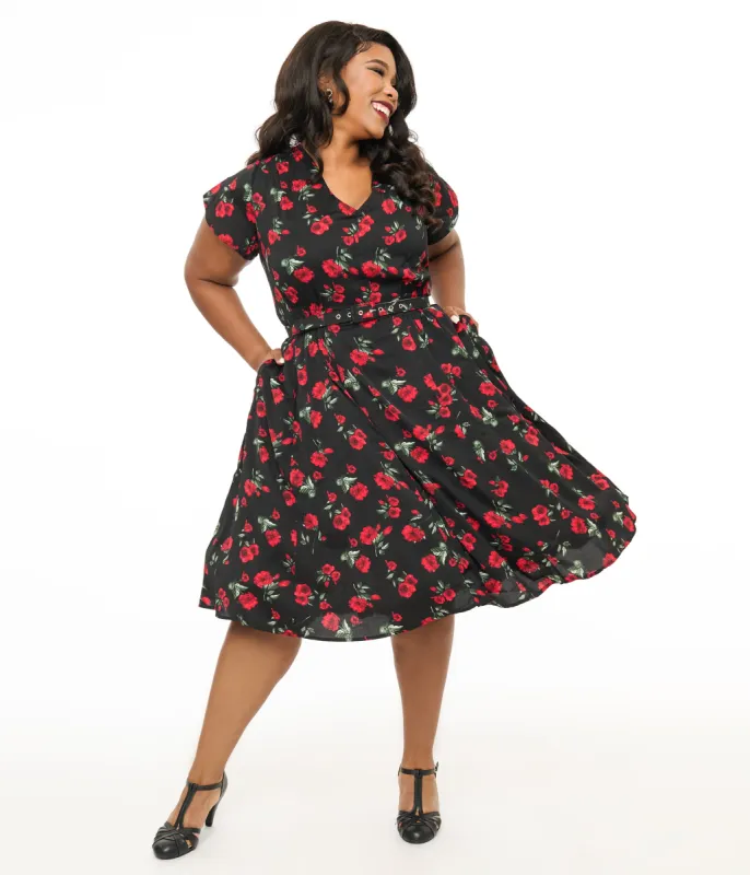 Unique Vintage Plus Size 1940s Black & Red Floral Print Tulip Sleeve Swing Dress sold by Unique Vintage