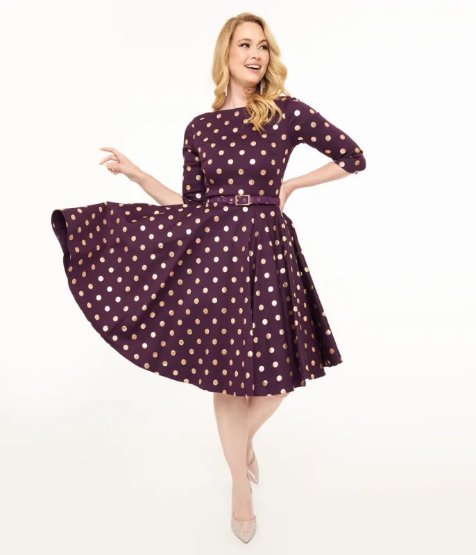 Unique Vintage 1950s Eggplant Rose Foil Polka Dot Devon Swing Dress sold by Unique Vintage