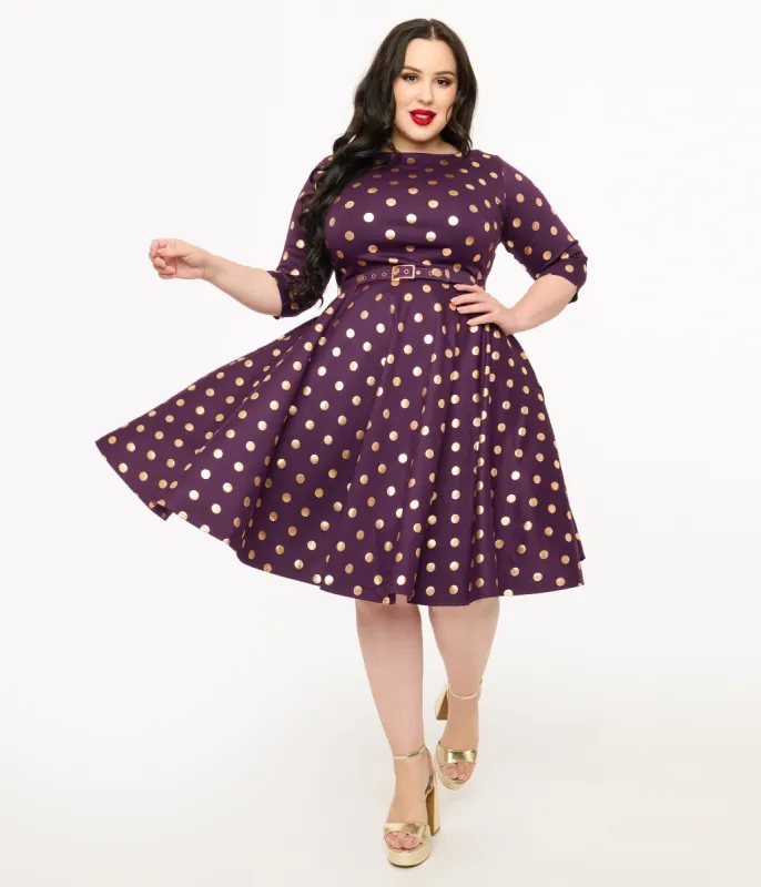 Unique Vintage Plus Size 1950s Eggplant Rose Foil Polka Dot Devon Swing Dress sold by Unique Vintage