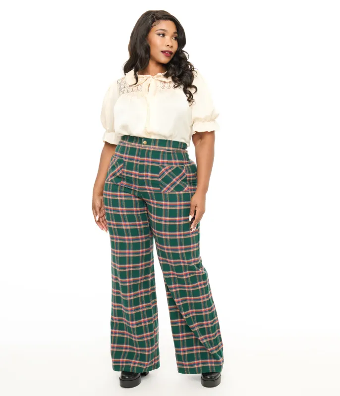 Smak Parlour Plus Size 1960s Green & Red Plaid Wide Leg Trousers sold by Unique Vintage
