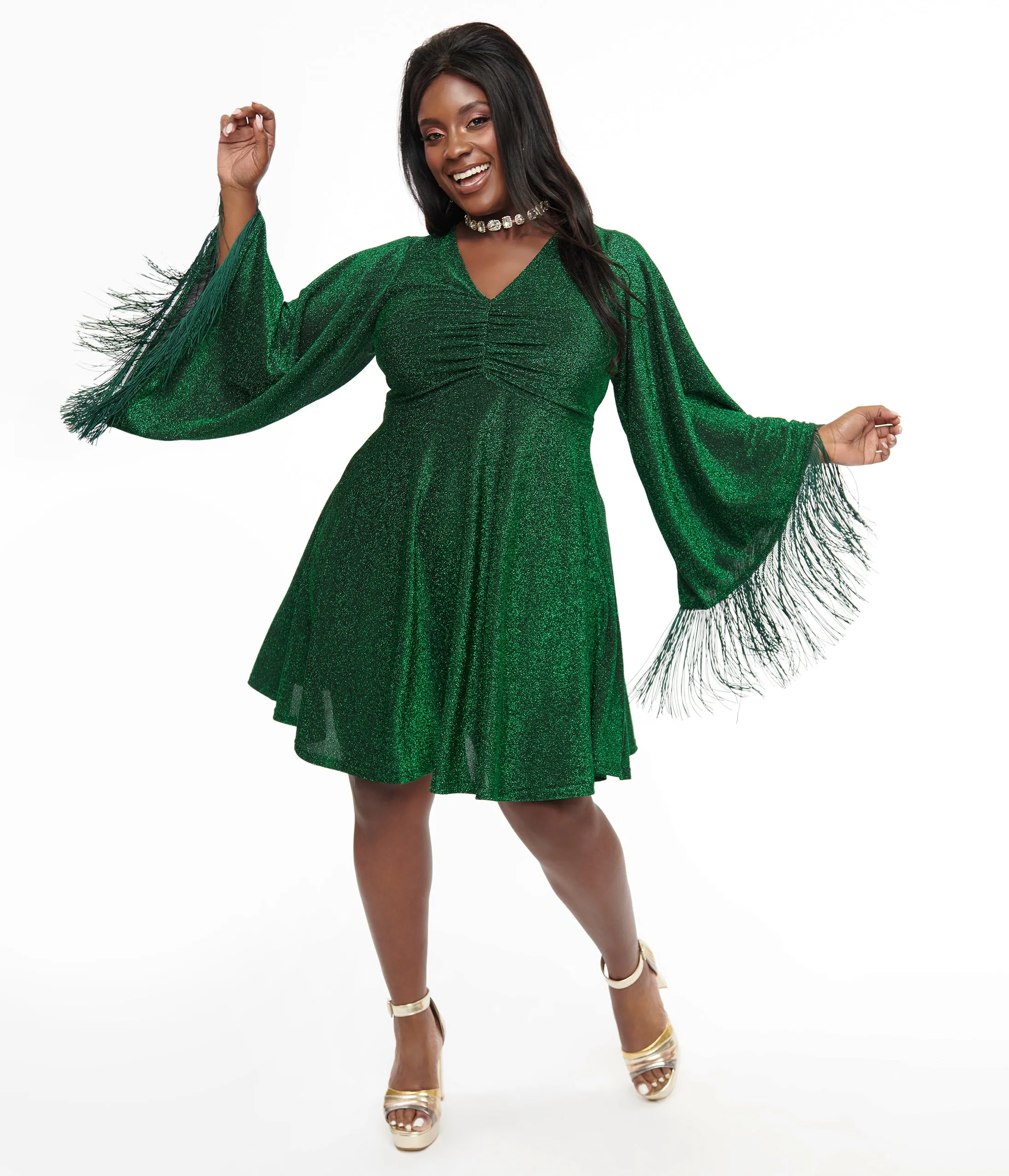 Smak Parlour Plus Size 1970s Green Sparkle & Fringe Bell Sleeve Fit & Flare Dress sold by Unique Vintage product image thumbnail 3
