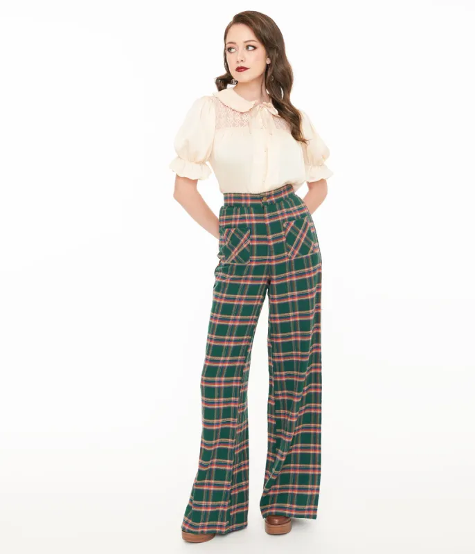 Smak Parlour 1960s Green & Red Plaid Wide Leg Trousers sold by Unique Vintage