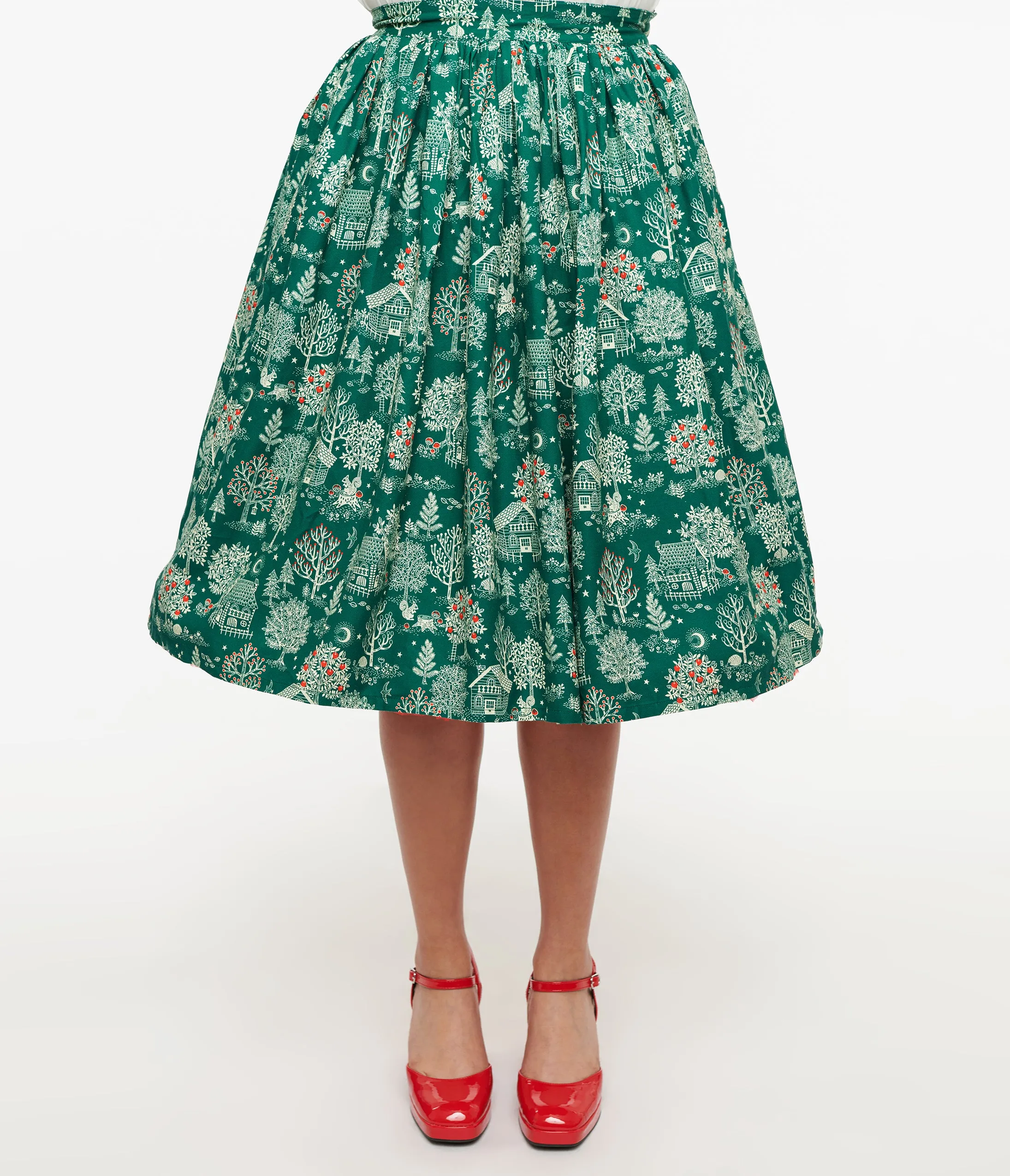 Unique Vintage 1950s Green Winter Print Gellar Swing Skirt sold by Unique Vintage product image thumbnail 2