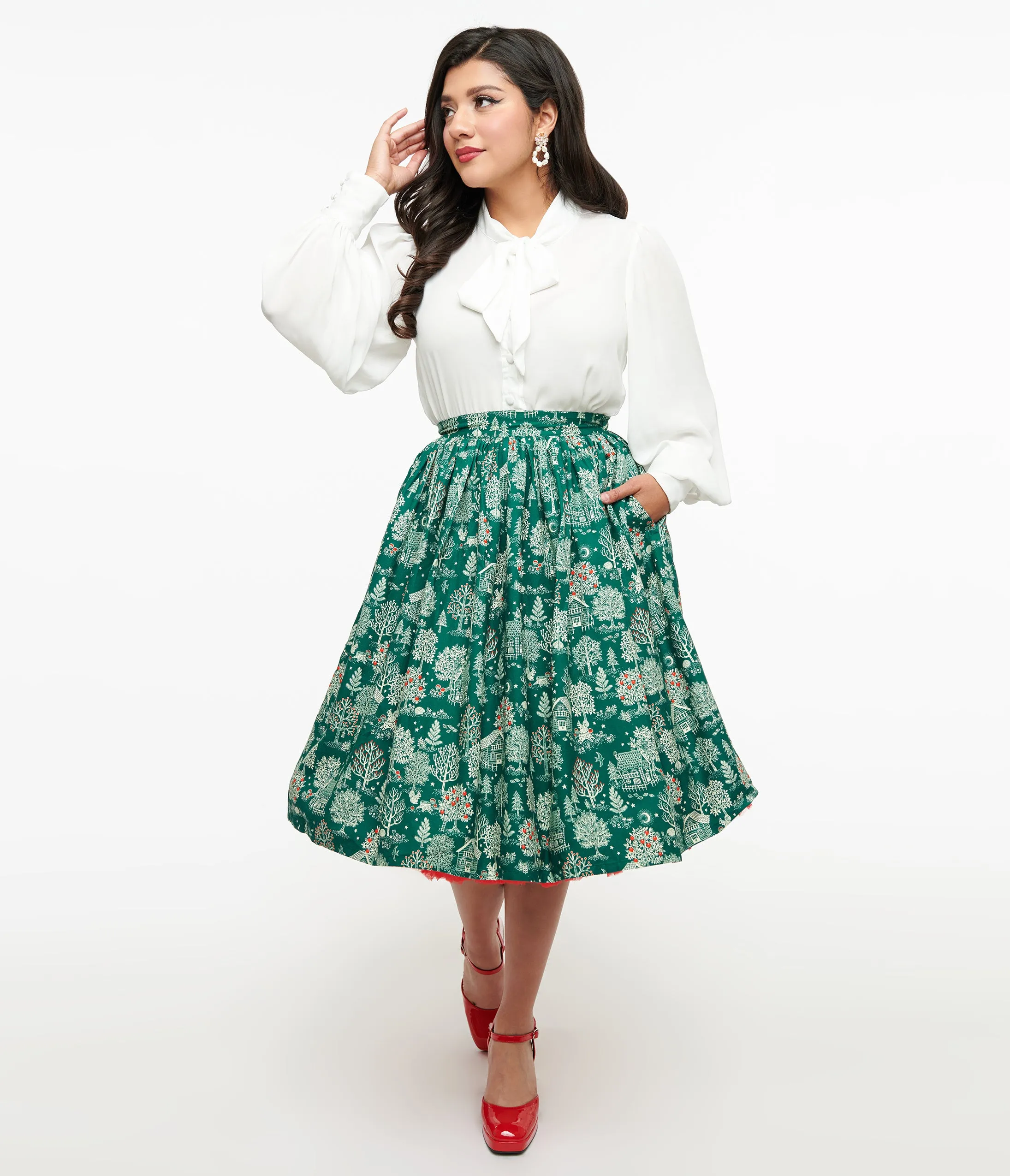 Unique Vintage 1950s Green Winter Print Gellar Swing Skirt sold by Unique Vintage