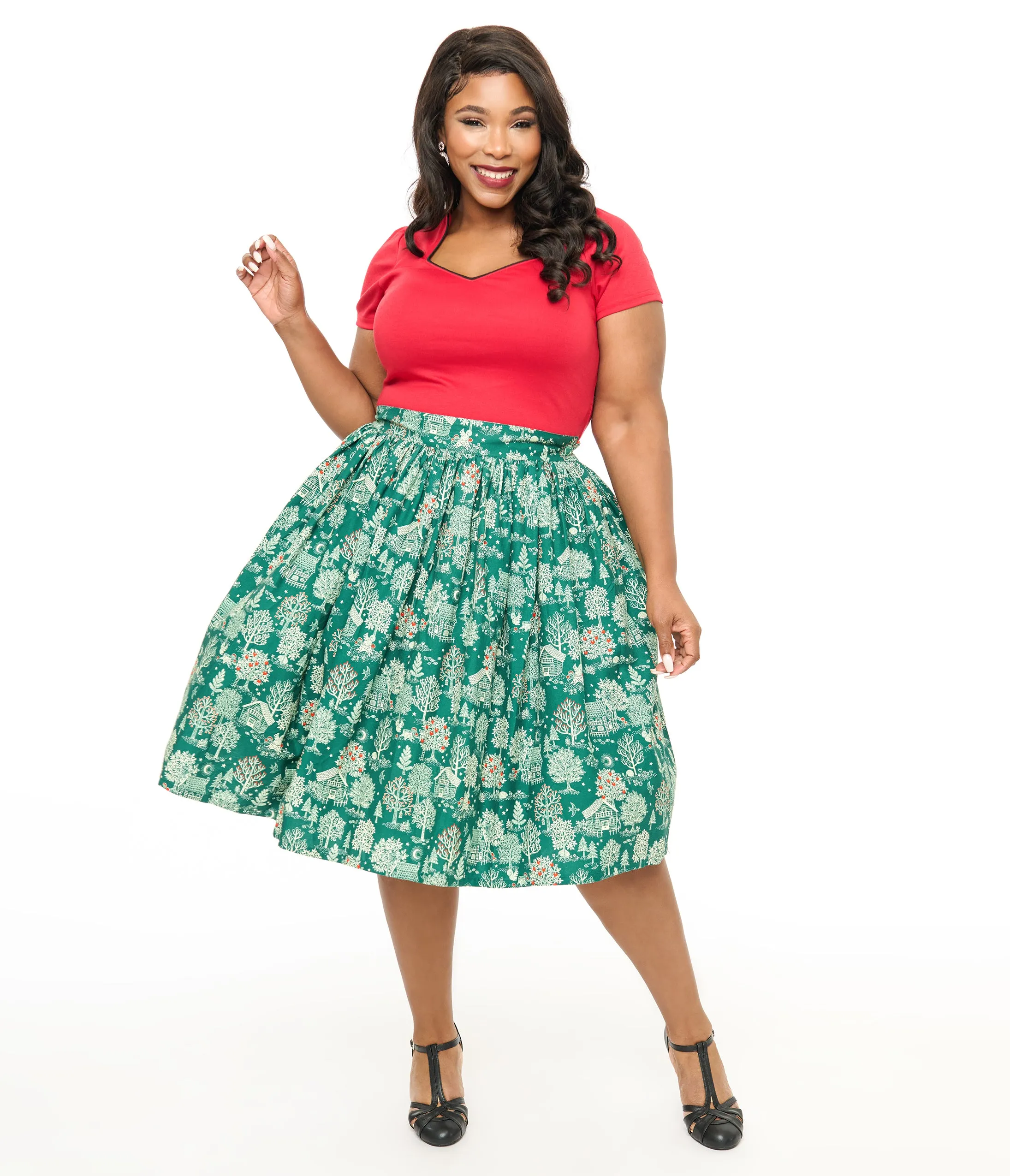 Unique Vintage Plus Size 1950s Green Winter Print Gellar Swing Skirt sold by Unique Vintage