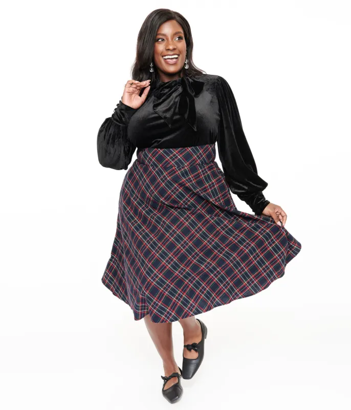 Unique Vintage Plus Size 1950s Navy & Green Plaid High Waist Vivien Swing Skirt sold by Unique Vintage