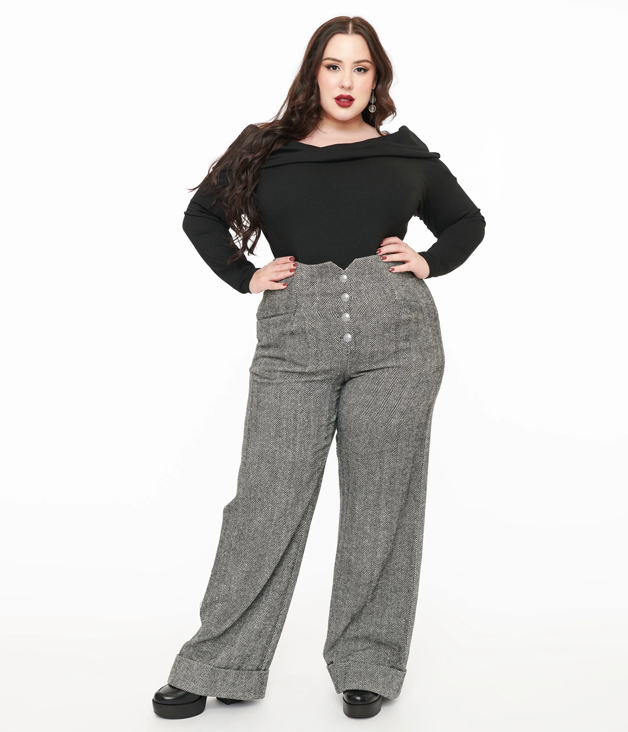 Unique Vintage Plus Size 1940s Grey Herringbone Buttoned Wide Leg Trousers sold by Unique Vintage