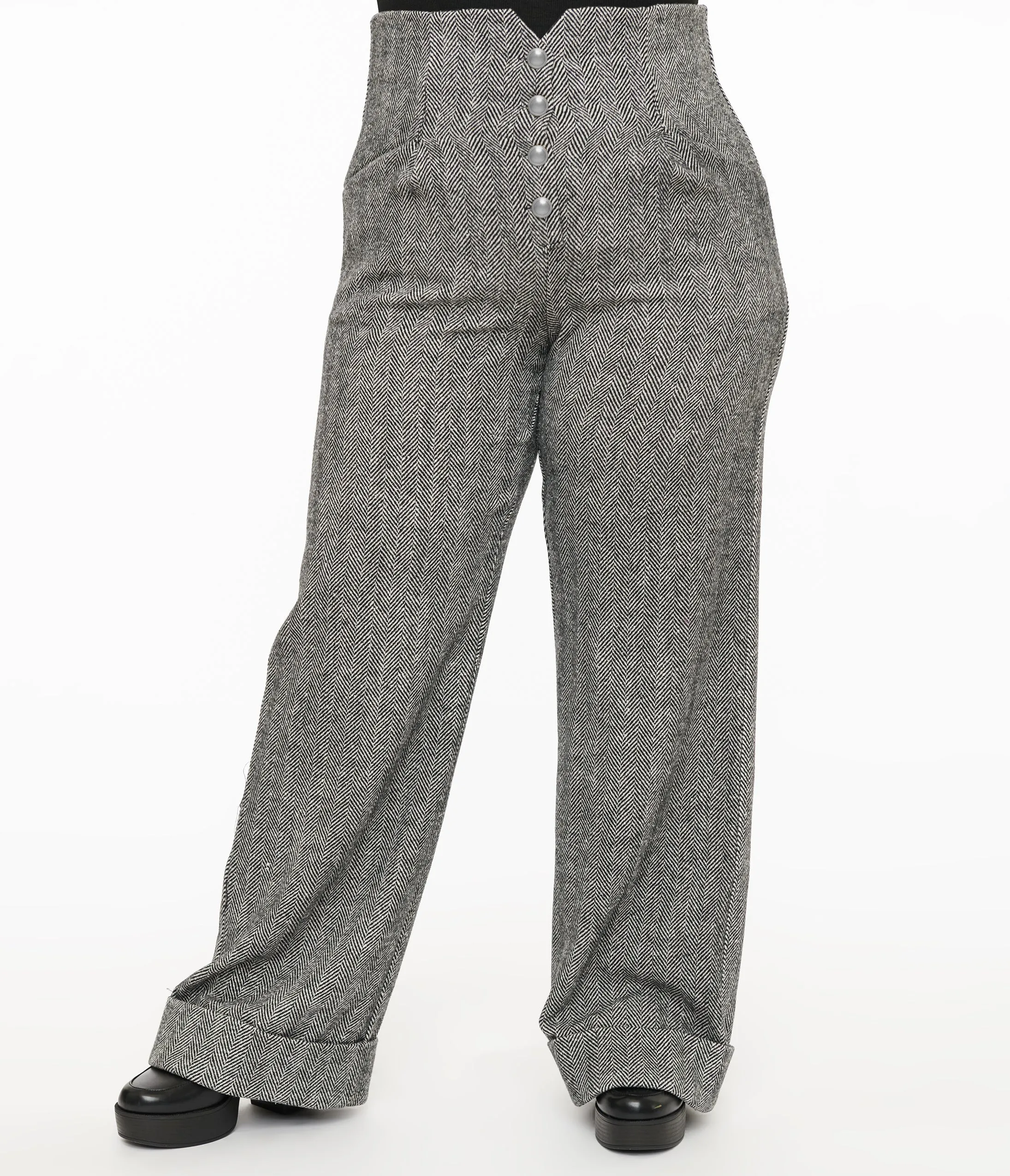 Unique Vintage Plus Size 1940s Grey Herringbone Buttoned Wide Leg Trousers sold by Unique Vintage product image thumbnail 2