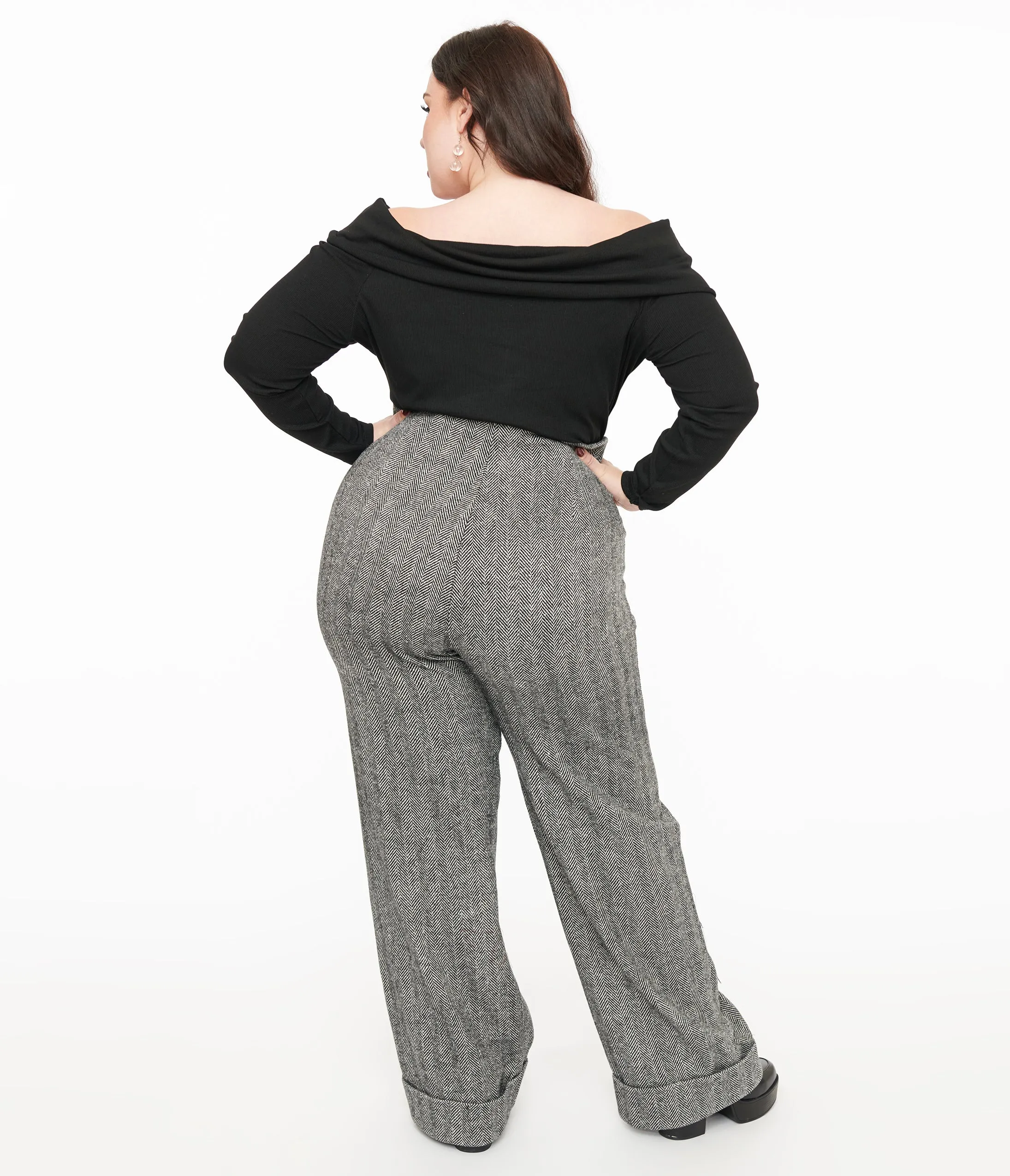 Unique Vintage Plus Size 1940s Grey Herringbone Buttoned Wide Leg Trousers sold by Unique Vintage product image thumbnail 3