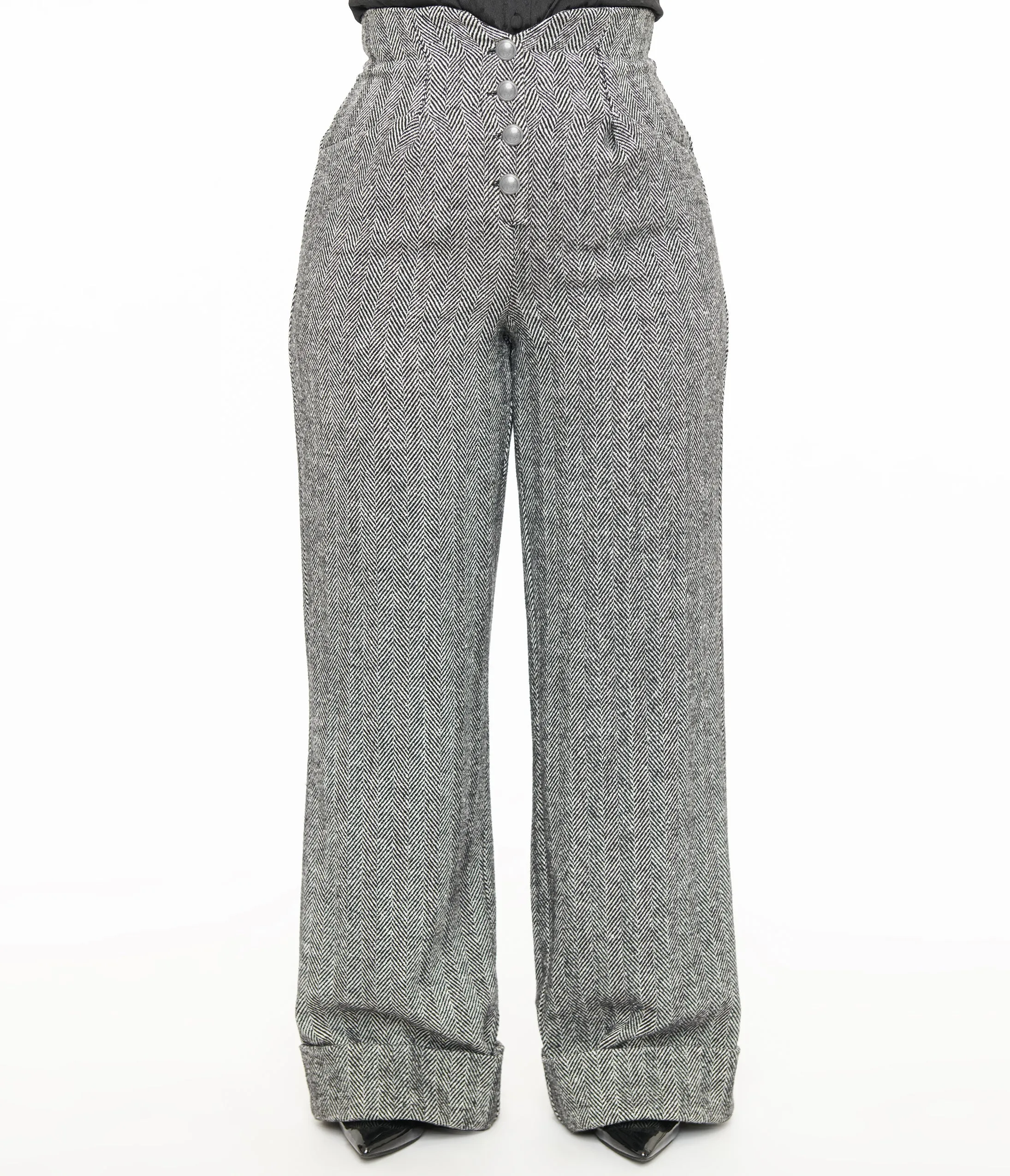 Unique Vintage 1940s Grey Herringbone Buttoned Wide Leg Trousers sold by Unique Vintage product image thumbnail 2