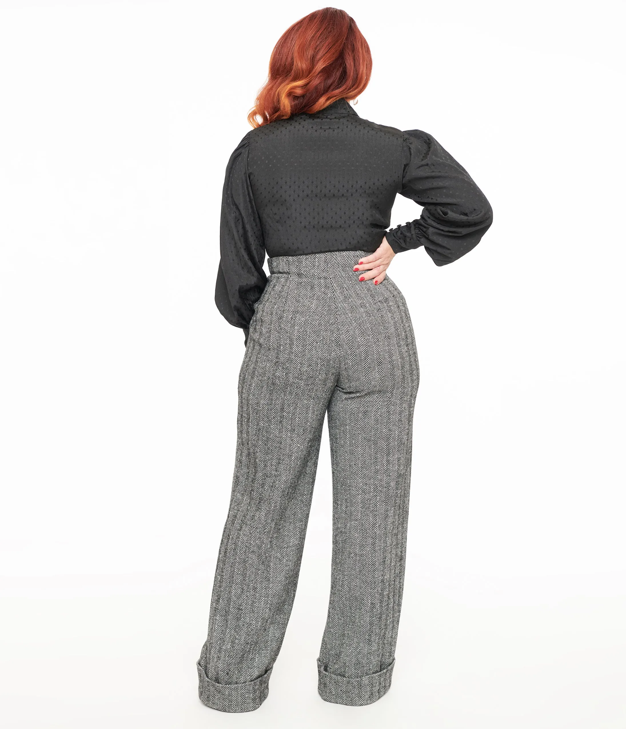 Unique Vintage 1940s Grey Herringbone Buttoned Wide Leg Trousers sold by Unique Vintage product image thumbnail 3