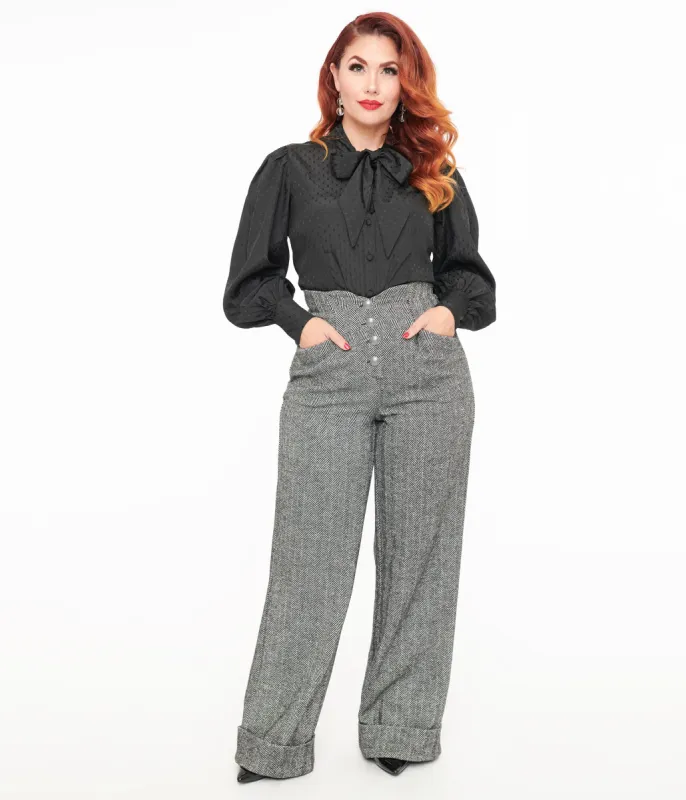 Unique Vintage 1940s Grey Herringbone Buttoned Wide Leg Trousers sold by Unique Vintage