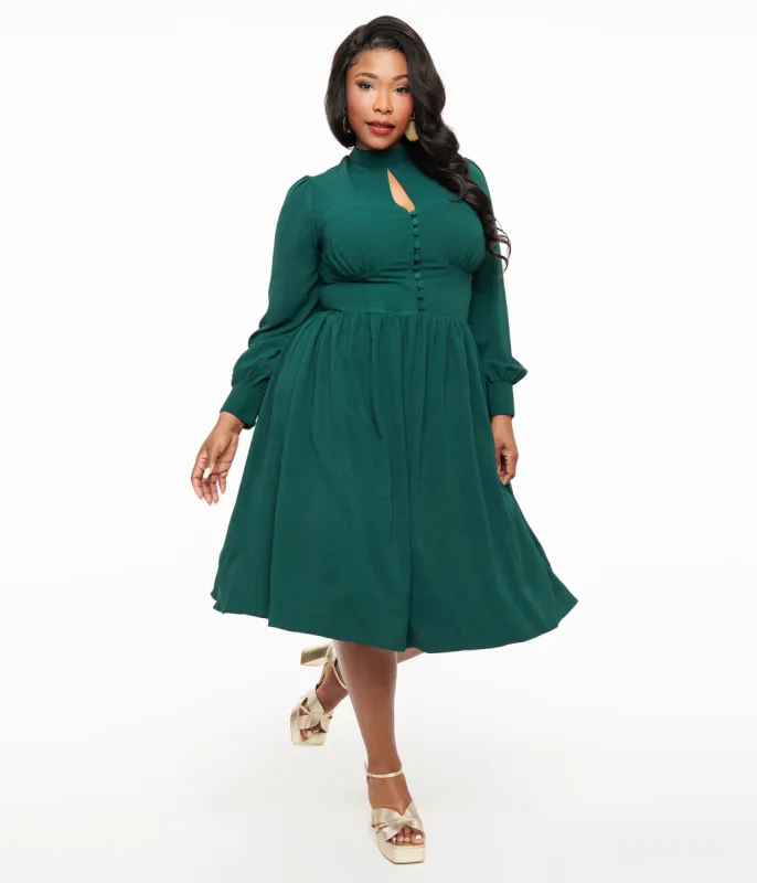 Unique Vintage Plus Size 1970s Hunter Green Keyhole Swing Dress sold by Unique Vintage