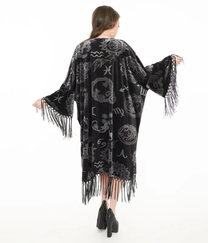 Unique Vintage 1920s Silver & Black Velvet Zodiac Fringe Kimono sold by Unique Vintage