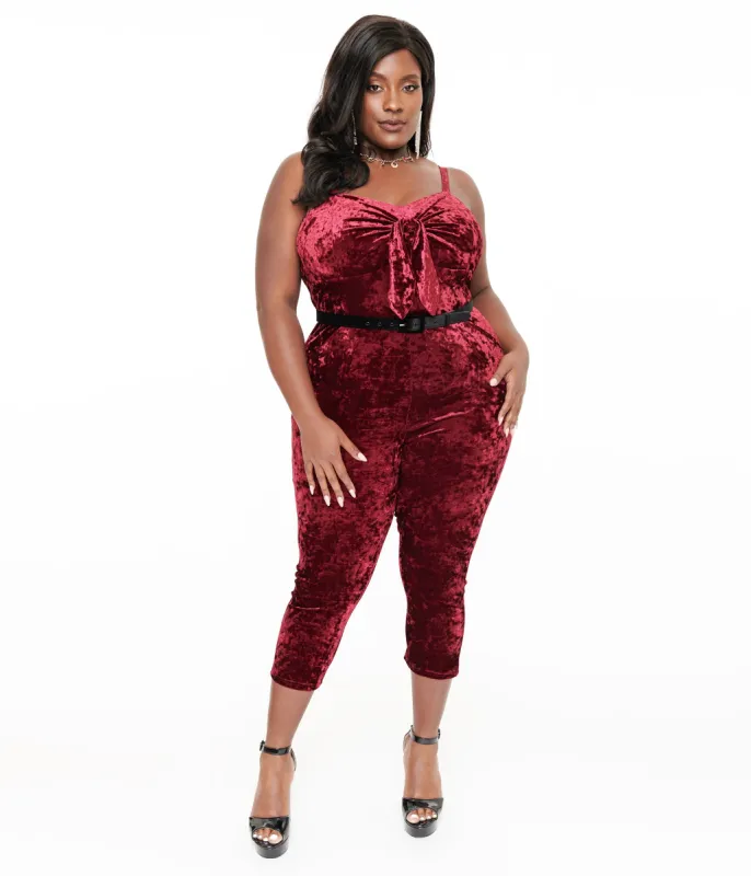 Unique Vintage Plus Size 1950s Burgundy Crushed Velvet Cropped Jumpsuit sold by Unique Vintage