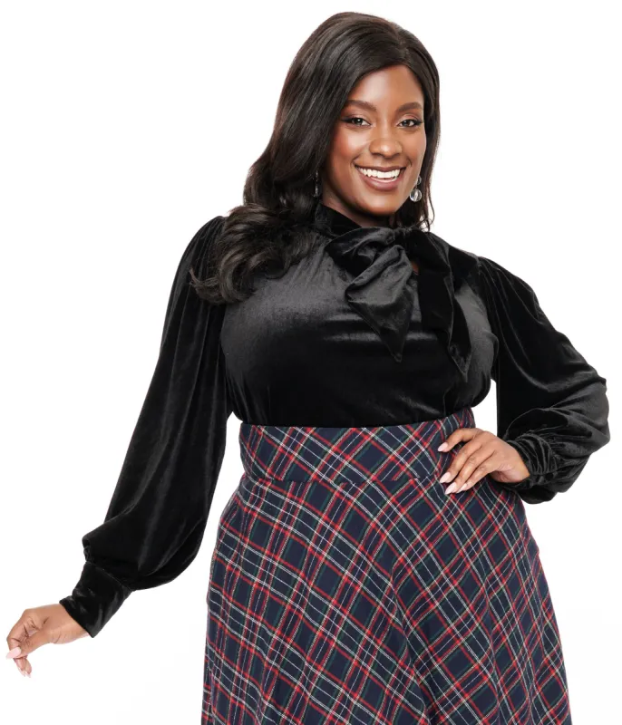 Unique Vintage Plus Size 1940s Black Velvet Long Sleeve Bow Blouse sold by Unique Vintage