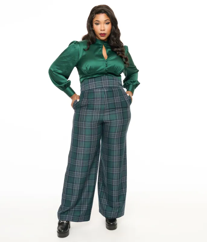 Unique Vintage Plus Size 1940s Green & Black Plaid High Waist Pants sold by Unique Vintage