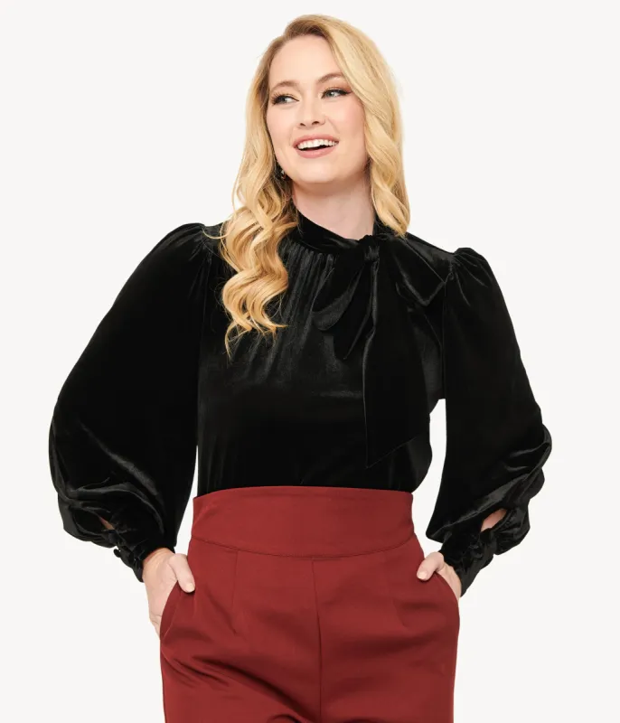 Unique Vintage 1940s Black Velvet Long Sleeve Bow Blouse sold by Unique Vintage