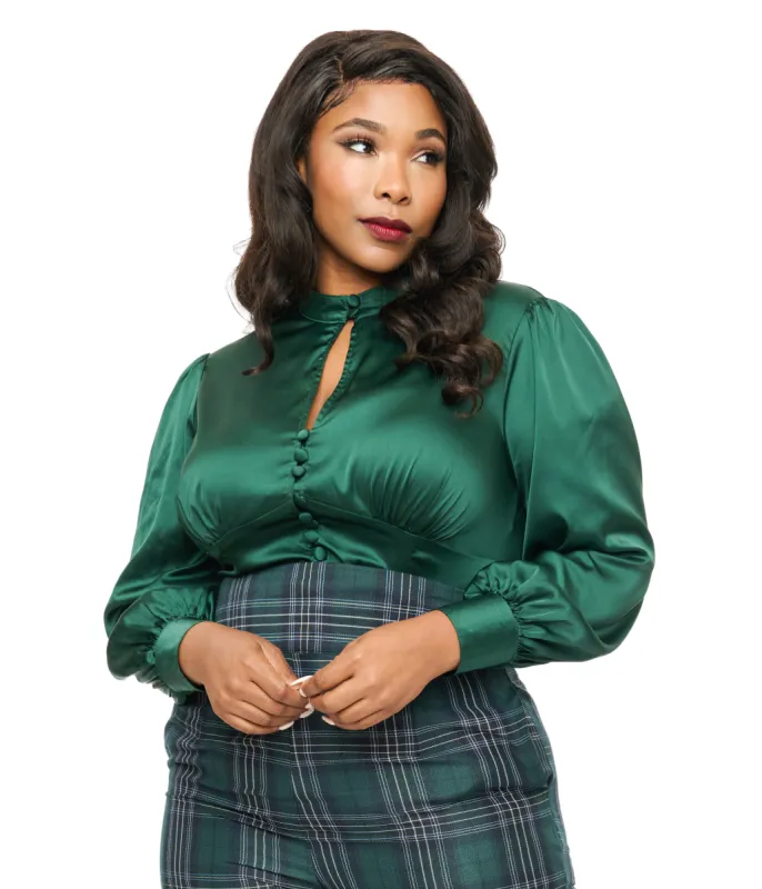 Unique Vintage Plus Size 1970s Emerald Satin Keyhole Button Waist Blouse made by Unique Vintage