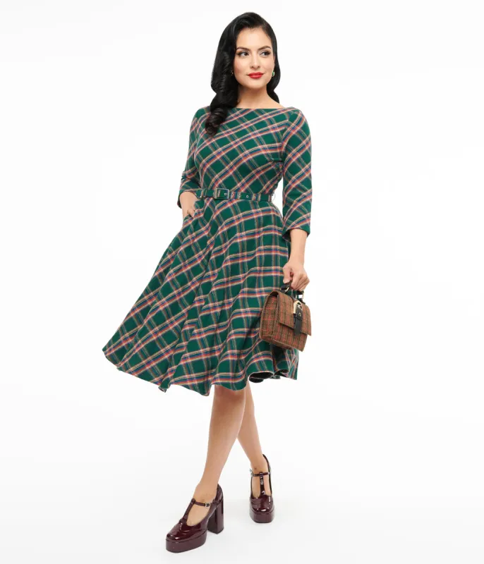 Unique Vintage 1950s Green & Tan Plaid Devon Swing Dress sold by Unique Vintage