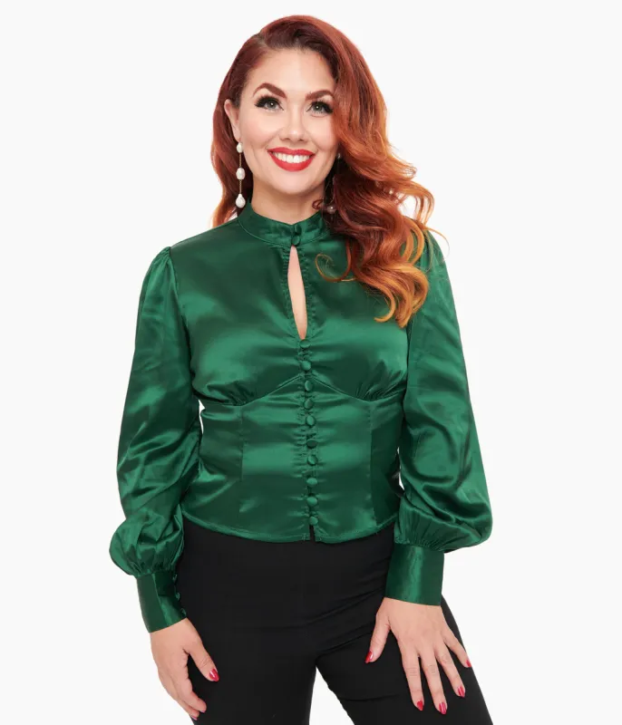 Unique Vintage 1970s Emerald Satin Keyhole Button Waist Blouse made by Unique Vintage