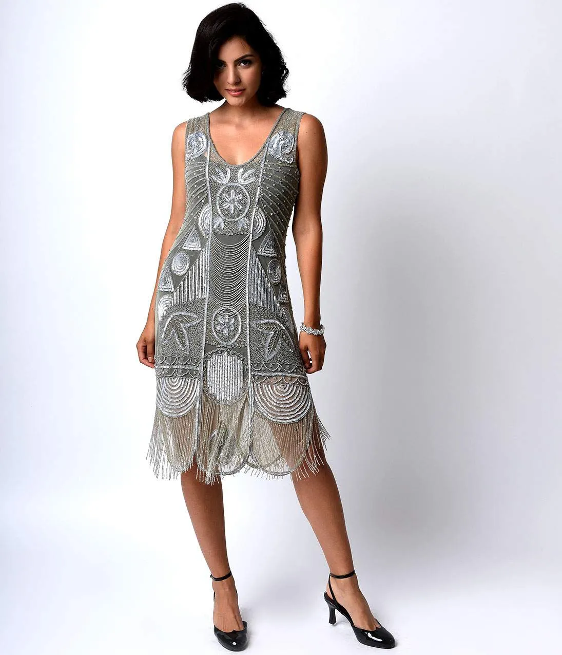Unique Vintage 1920s Style Silver Hand Beaded Fringe Bosley Flapper Dress sold by Unique Vintage product image thumbnail 4