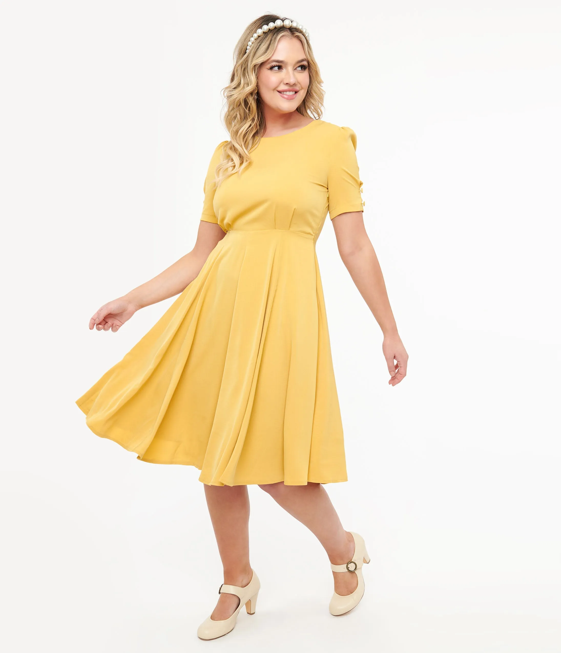 Voodoo Vixen 1940s Mustard Yellow Fit & Flare Dress sold by Unique Vintage