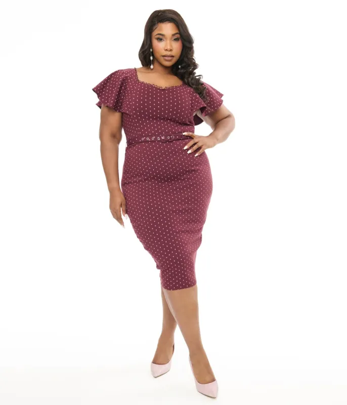 Unique Vintage Plus Size 1940s Eggplant & Pink Dot Flutter Sleeve Pencil Dress made by Unique Vintage
