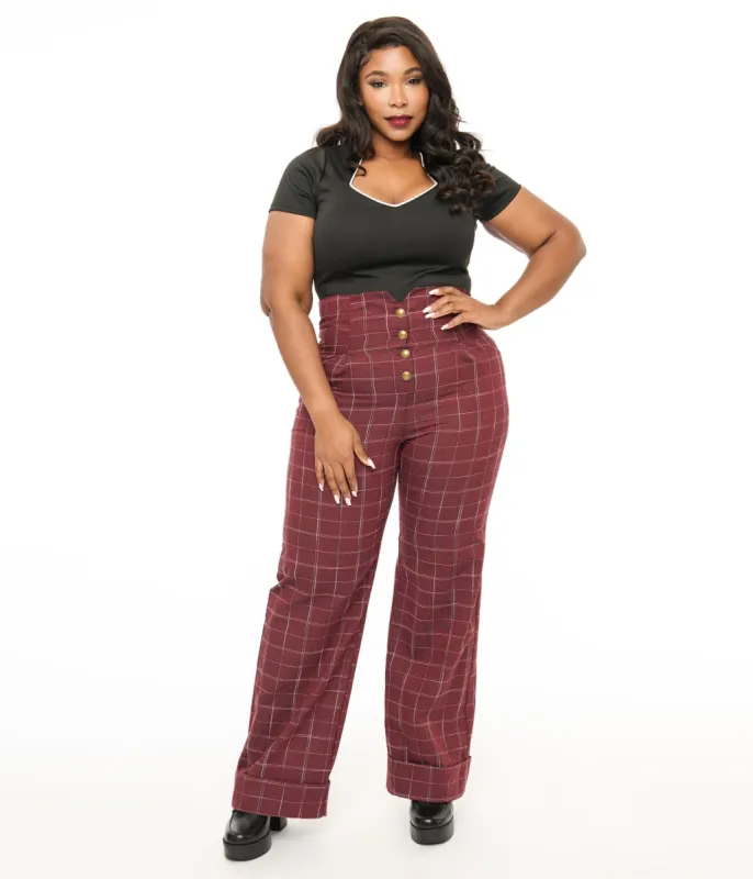 Unique Vintage Plus Size 1940s Burgundy Windowpane Buttoned Wide Leg Trousers sold by Unique Vintage