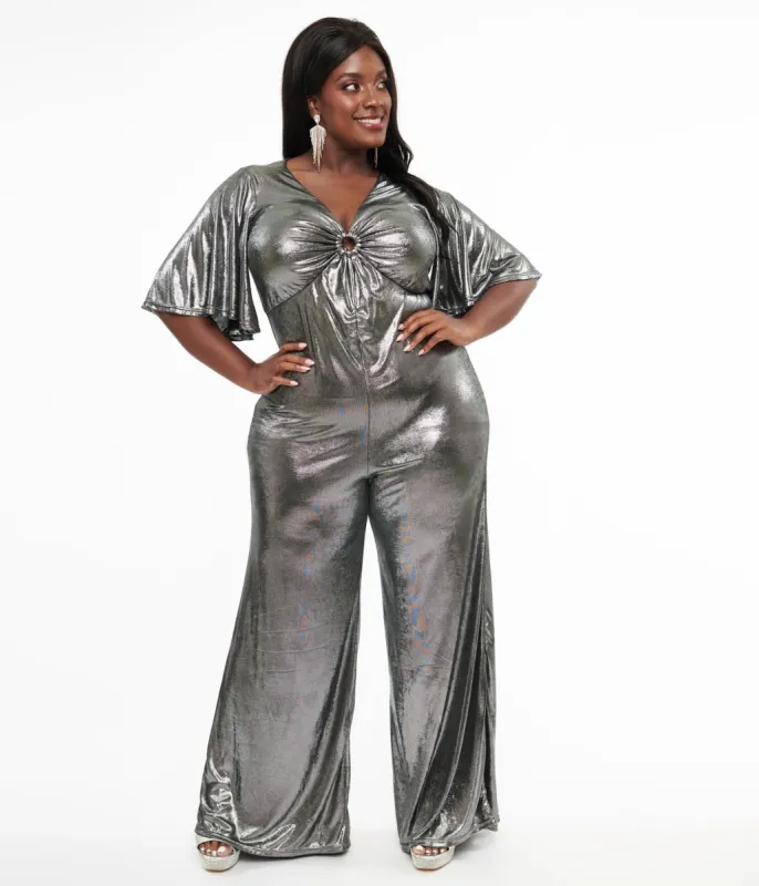 Smak Parlour Plus Size 1960s Metallic Silver Cutout Jumpsuit sold by Unique Vintage