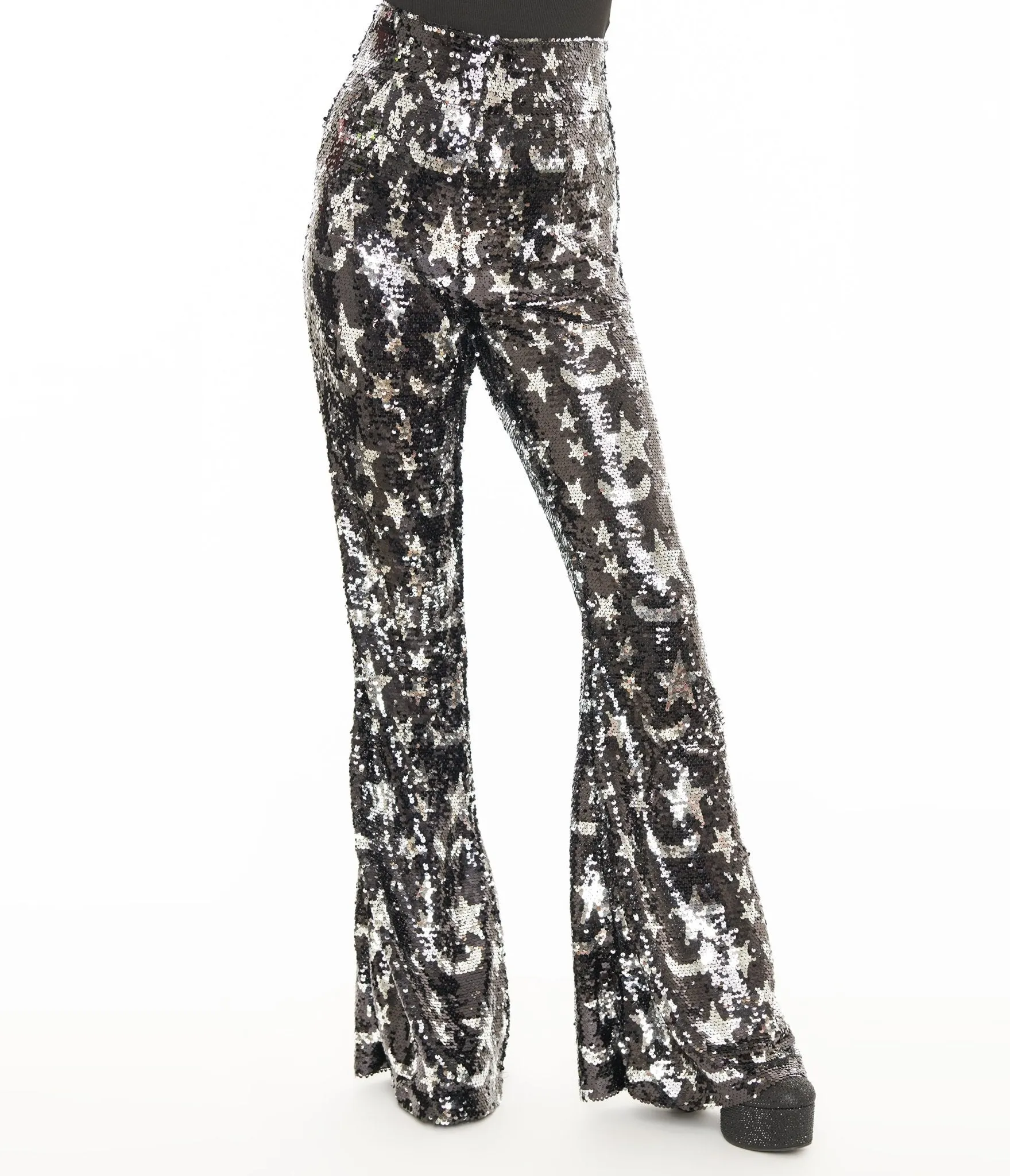 Smak Parlour 1960s Black & Silver Star Sequin High Waist Flare Pants sold by Unique Vintage product image thumbnail 2