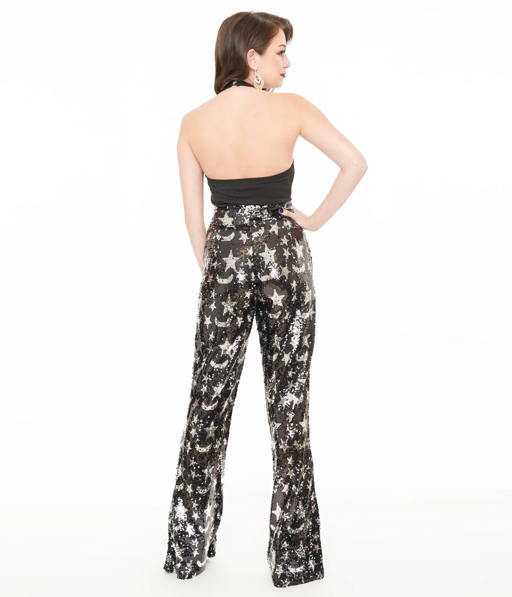 Smak Parlour 1960s Black & Silver Star Sequin High Waist Flare Pants sold by Unique Vintage product image thumbnail 3