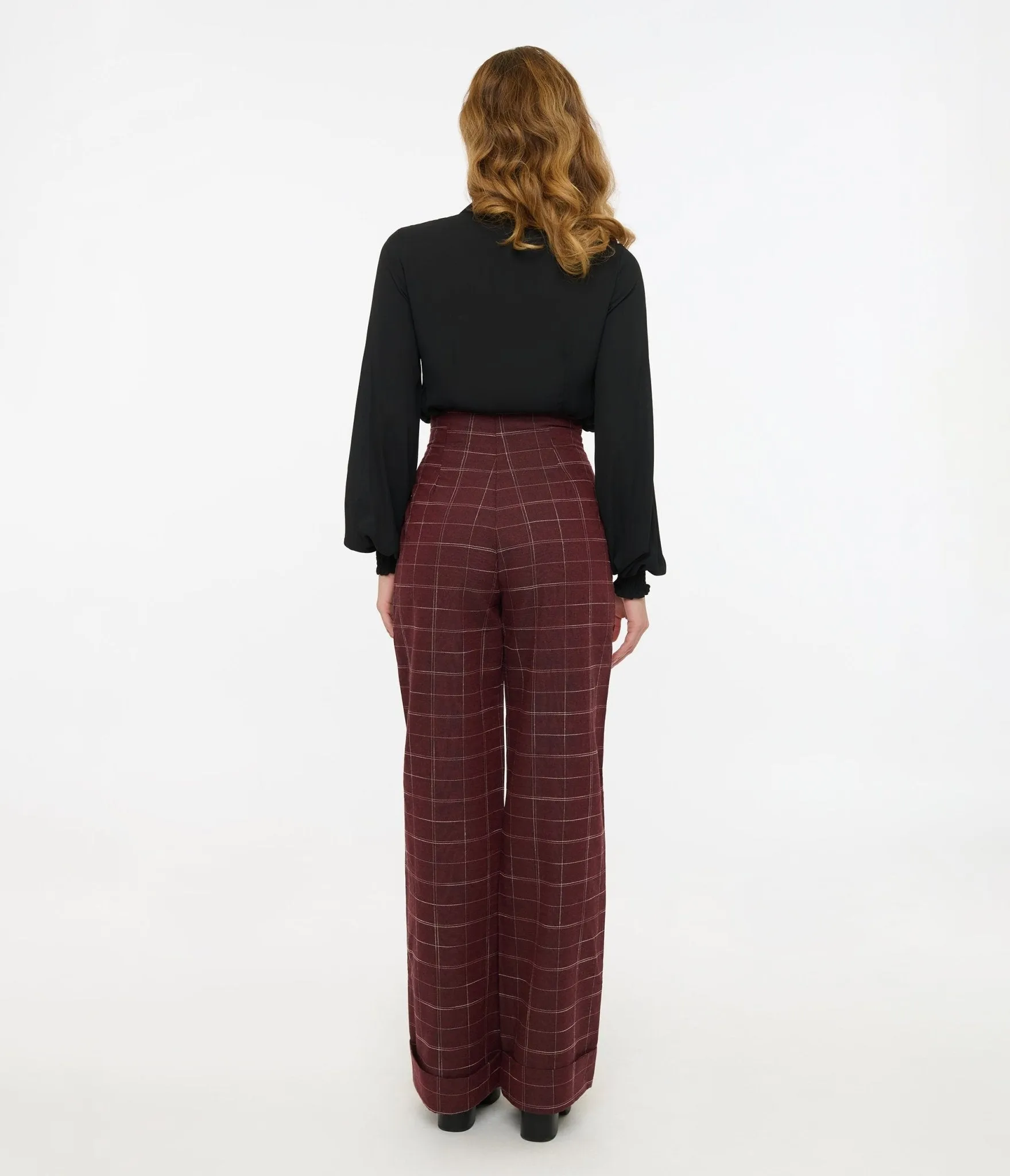 Unique Vintage 1940s Burgundy Windowpane Buttoned Wide Leg Trousers sold by Unique Vintage product image thumbnail 3