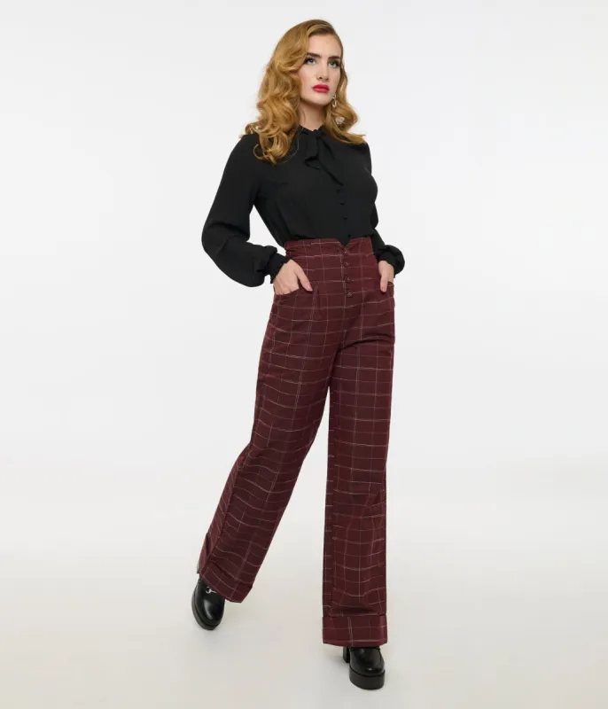 Unique Vintage 1940s Burgundy Windowpane Buttoned Wide Leg Trousers sold by Unique Vintage