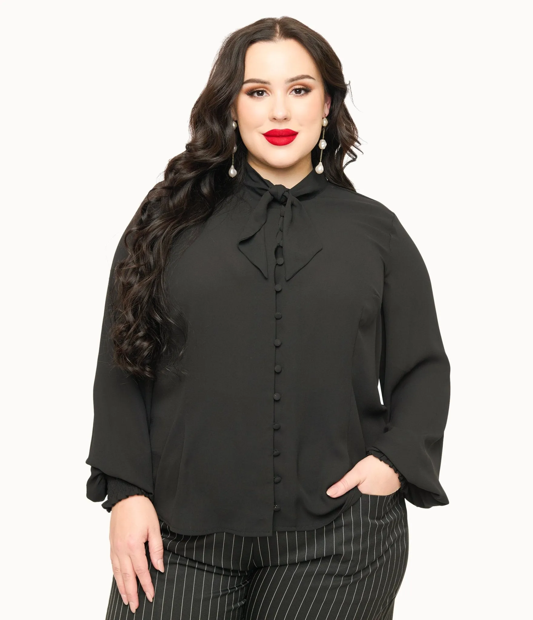 Unique Vintage Plus Size 1940s Black Neck Tie Blouse sold by Unique Vintage product image thumbnail 3