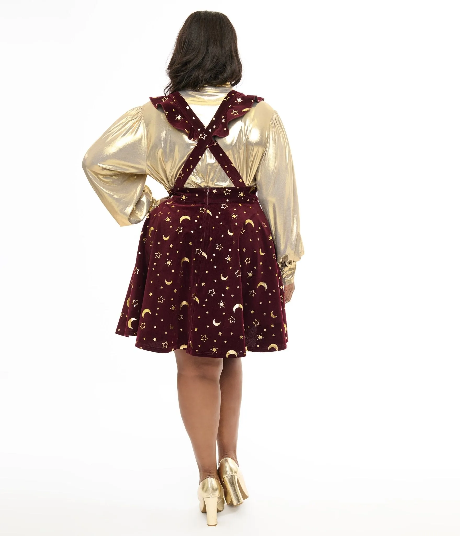 Unique Vintage Plus Size Burgundy & Gold Moon & Star Corduroy Ruffle Pinafore sold by Unique Vintage product image thumbnail 3