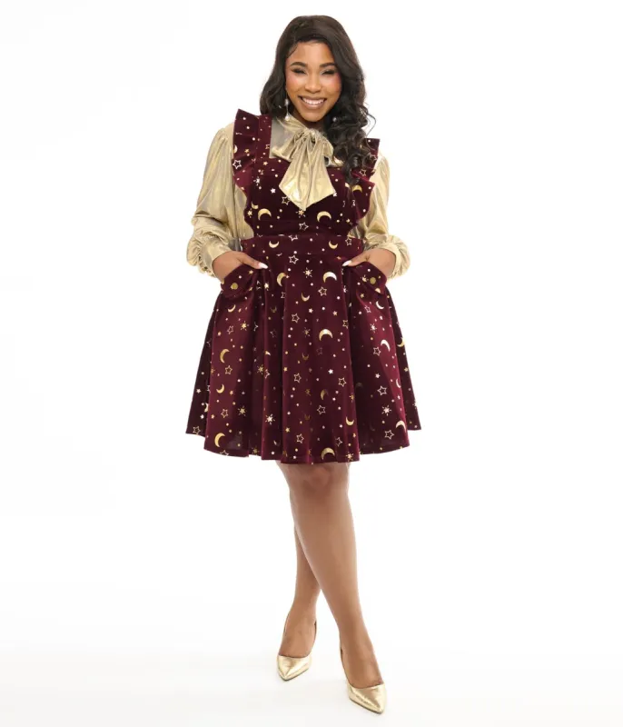 Unique Vintage Plus Size Burgundy & Gold Moon & Star Corduroy Ruffle Pinafore sold by Unique Vintage