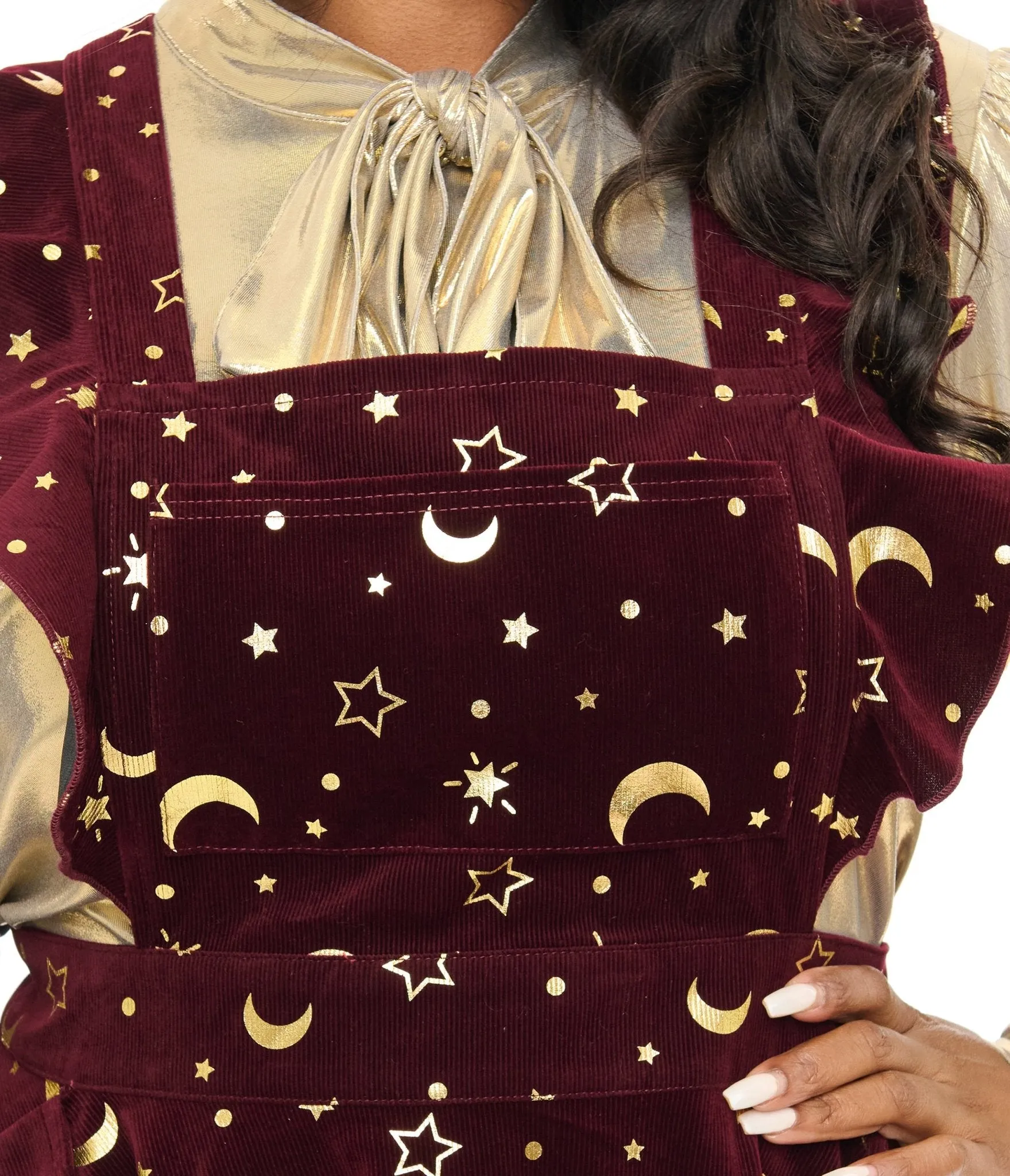 Unique Vintage Plus Size Burgundy & Gold Moon & Star Corduroy Ruffle Pinafore sold by Unique Vintage product image thumbnail 2