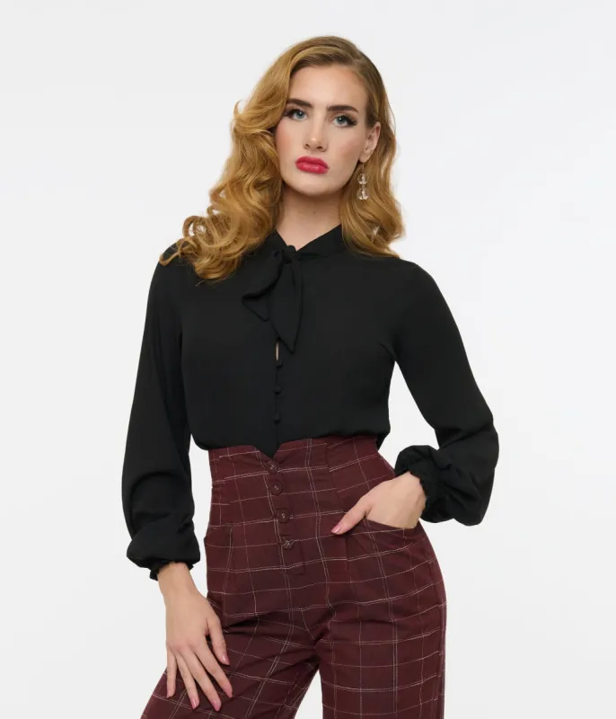 Unique Vintage 1940s Black Neck Tie Blouse sold by Unique Vintage