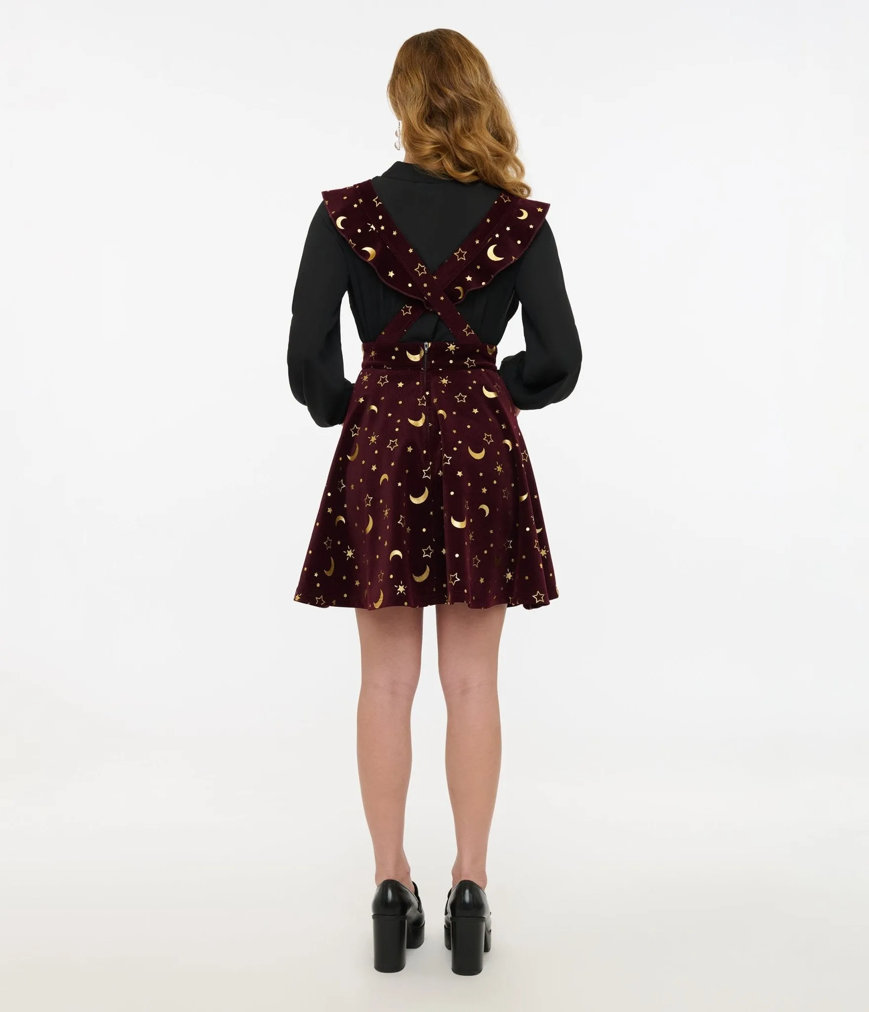 Unique Vintage Burgundy & Gold Moon & Star Corduroy Ruffle Pinafore sold by Unique Vintage product image thumbnail 3